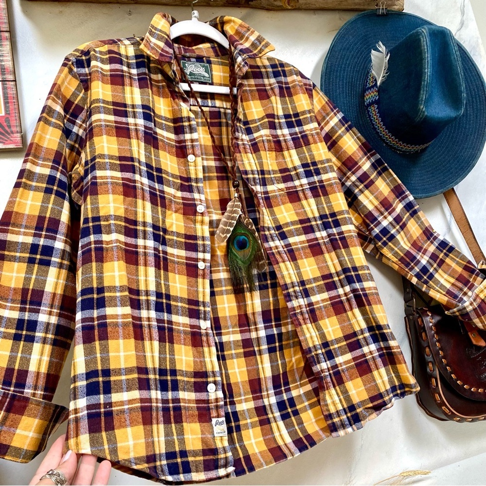 ROOTS plaid flannel boho shirt/cover up w fall harvest thanksgiving cabin vibe - Picture 3 of 14